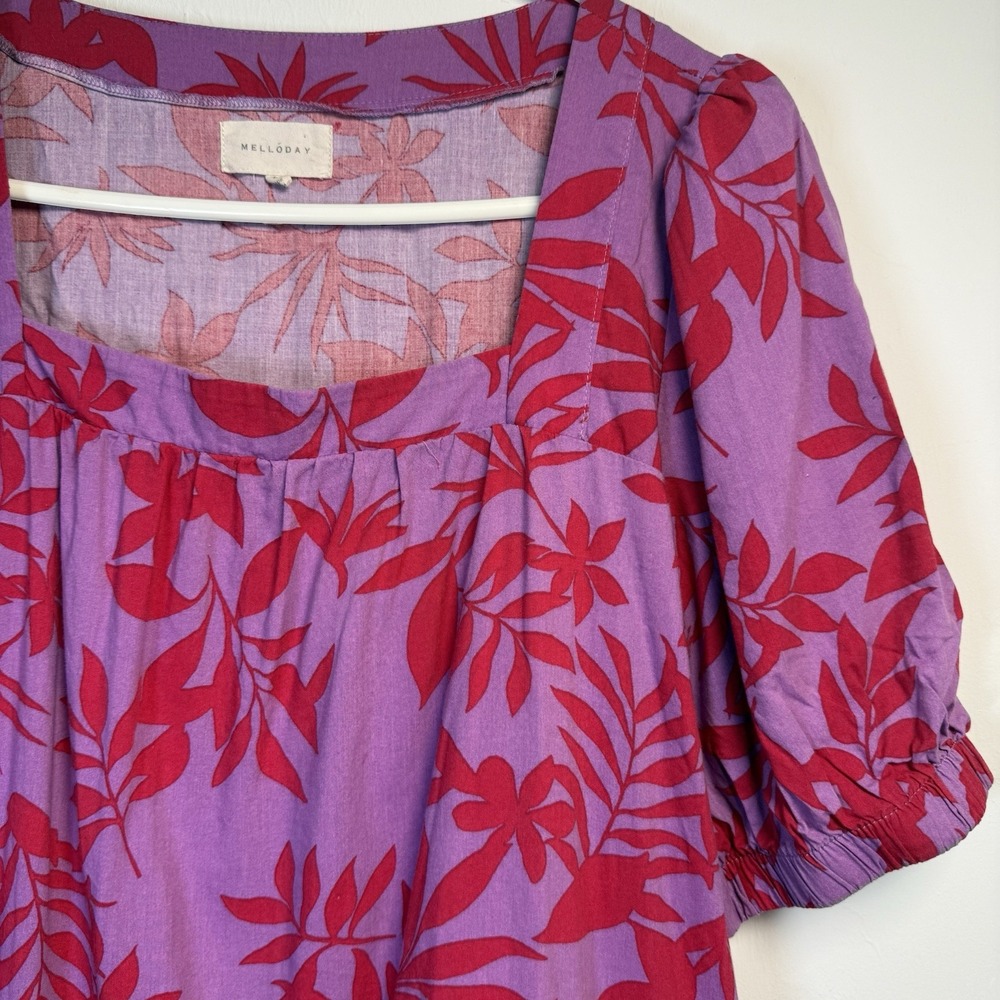 Melloday Midi Puffy Sleeve Tiered Pink Floral Square Neck Dress Size Large - Picture 3 of 11